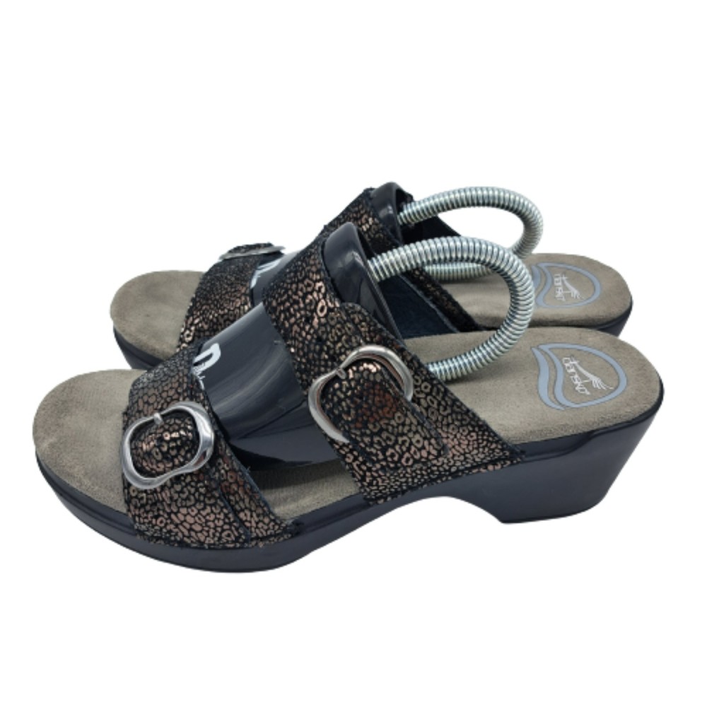 Dansko Womens Size EUR 37 Slip On Sandals Metallic Cheetah Print Black Leather